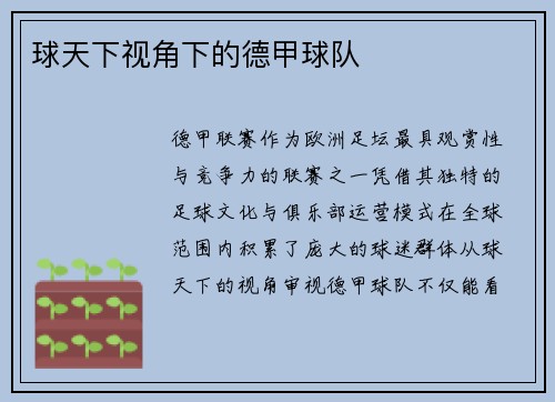 球天下视角下的德甲球队