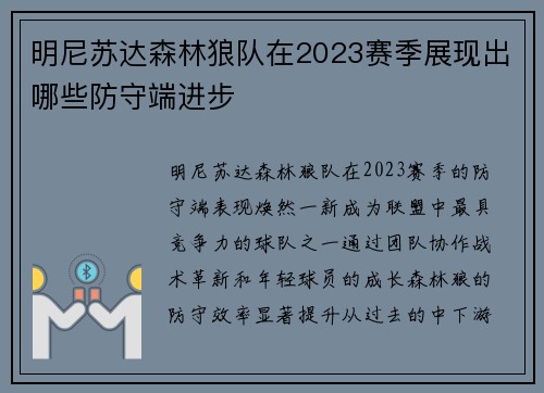 明尼苏达森林狼队在2023赛季展现出哪些防守端进步
